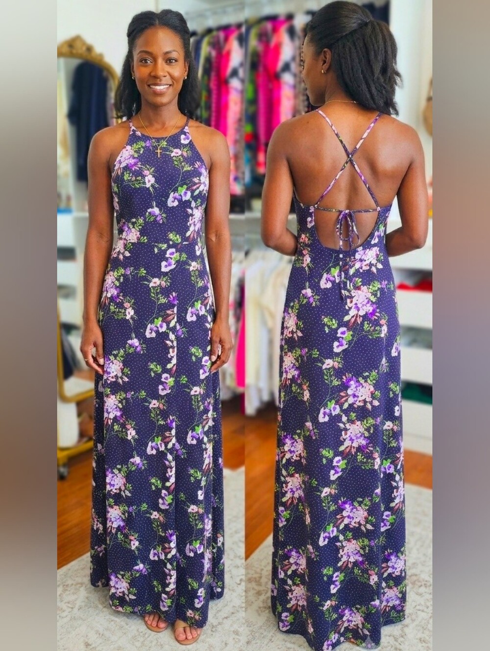 Express Purple Floral Backless Maxi Dress